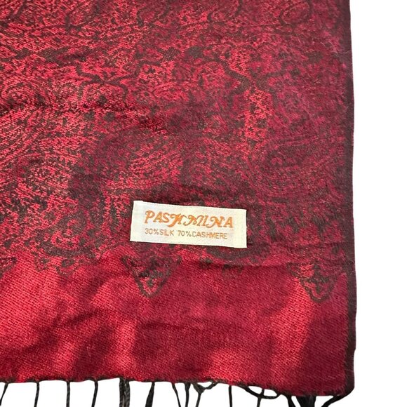 Pashmina Silk and Cashmere Paisley Print Red Black Scarf Wrap Shawl 28" x 72" - Picture 2 of 6
